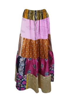 Embrace the changing seasons with this captivating maxi skirt, beautifully handcrafted from upcycled saree fabric in warm Pink and Multi hues, enhanced by delicate floral designs. Featuring a flowing, ankle-length silhouette and an adjustable drawstring waist, this versatile piece offers a relaxed fit for sizes S/M/L, combining comfort with effortless boho-chic style. Ideal for everything from casual market strolls to festive beach getaways, its lightweight recycled silk adds an air of elegance. Bollywood Style Long Silk Skirt, Traditional Multicolor Maxi Skirt For Spring, Traditional Multicolor Spring Maxi Skirt, Traditional Multicolor Maxi Skirt, Bohemian Maxi Skirt For Summer Festivals, Spring Bohemian Silk Maxi Skirt, Bohemian Silk Maxi Skirt For Spring, Bohemian Maxi Skirt For Festive Occasions, Multicolor Silk Bohemian Skirt