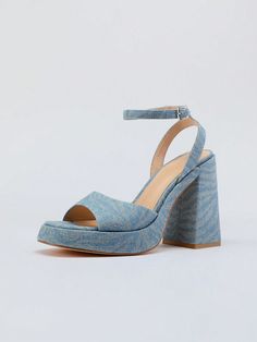 Denim Glamorous,Sexy,Fashionable Collar    Ankle Strap Embellished   Women Shoes Retro Open Heel Summer Heels, Summer Retro Open Heel Heels, Retro Summer Heels With Ankle Strap, Retro Summer Ankle Strap Heels, Retro Square Toe Heels For Party, Retro Square Toe Party Heels, Retro Summer Heels With Heel Strap, Retro Summer Heels With Square Toe, Retro Square Toe Heels For Summer