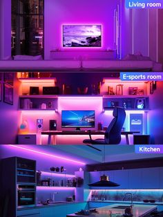 an image of the inside of a home office with purple lights and blue lighting on the walls