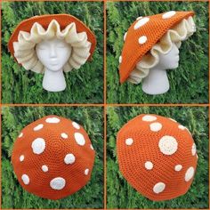 four pictures of different hats with white polka dots on the top and bottom, one in orange