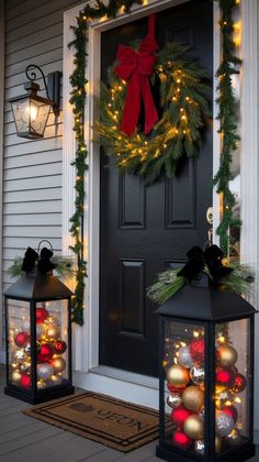 two lanterns with christmas decorations on the front porch