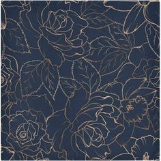 a blue and gold wallpaper with roses on it