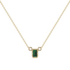 Add a touch of elegance and glamor with our Emerald Cut Emerald & Diamond Birthstone Necklace. Expertly crafted in 14K Gold to showcase enduring beauty and poise. Birthstone Necklace for Women Metal: 14K Gold (White / Yellow) Gem Type: Emerald Cut Emerald Gemstone (0.26 CTTW) Diamonds: Natural Round Shape (0.04 CTTW) Diamond Color/Clarity: GH/SI1 Setting: Bezel with Milgrain Chain: 18 inch with jump rings at 16 & 17 inches. Luxury Gold Emerald Birthstone Necklace, Elegant Green Necklace With Pave Setting, Elegant Emerald Cut Emerald Necklace For Formal Occasions, Elegant Formal Emerald Gemstone Necklace, Luxury Diamond Necklace With May Birthstone, Elegant Yellow Gold Emerald Necklace With Diamond Accents, Luxury May Birthstone Necklace With Diamond Accents, 14k Gold Necklace With Emerald Cut Diamond Accents, 14k Gold Emerald Cut Fine Jewelry Necklace