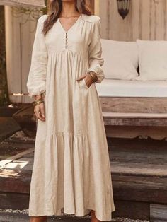 Welcome To Awakecrm Store! Non-stretch Long Sleeve Maxi Beach Dress, Non-stretch Long Sleeve Maxi Dress For Beach, Beige Long Sleeve Boho Beach Dress, Beige V-neck Cotton Maxi Dress, Beige Boho Dress For Fall Vacation, Cotton Maxi Dress For Fall Beach Outings, Cotton Maxi Dress For Fall Beach, Beige Cotton Maxi Dress With V-neck, Cotton Maxi Dress For Beach In Fall