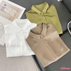 Qteee - Captivating Silk Button-Up Shirt with Single Row Button Closure and Three-Quarter Sleeves Trendy Khaki Blouse With Button Closure, Khaki Office Tops With Button Closure, Casual Khaki Office Top, Casual Khaki Shirt For Office, Khaki Button-up Office Tops, Khaki Button-up Tops For Office, Floral Print Chiffon Blouse, Floral Chiffon Blouse, Silk Button Up