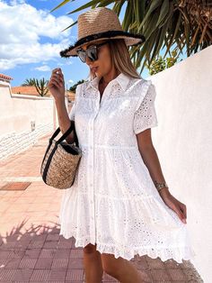 Elegant Women Solid Lapel Embroidery Flower Dress Solid Vintage Short Sleeve Slim Ruffles Dress Buttoned Shirt Sundress Cover Up Lapel Embroidery, Embroidery Flower Dress, Beach Dress Casual, Mountain Hat, Beach White Dress, Dress Train, 90s Inspired Outfits, Feminine Wardrobe, Train Of Thought