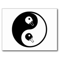 a black and white yin yang symbol with a ping pong paddle in the center