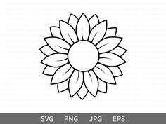 a black and white sunflower with the words svg png upc eps