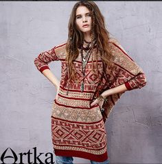 ARTKA ETHNIC PATTERN BOHEMIAN STYLE DRESS SWEATER YB14255C  $79.00 Modern Country Style, Bohemian Style Clothing, Bohemian Style Dresses, Bohemian Hairstyles, Dress Sweater, Ethnic Patterns, Native American Fashion, Bohemian Fashion, Casual Style Outfits