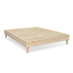 a bed frame with wooden slats on top and bottom, in front of a white background