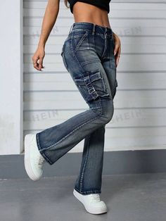 SHEIN PETITE Women's Casual Daily Pocket Design Flared Jeans For Everyday Wear | SHEIN USA Fitted Denim Blue Washed Cargo Jeans, Blue Flare Jeans With Pockets For Fall, Non-stretch Denim Utility Jeans, Non-stretch Utility Denim Jeans, Utility Non-stretch Denim Jeans, Stretch Dark Wash Cargo Jeans, Stretch Dark Wash Denim Cargo Jeans, Stretch Denim Blue Cargo Jeans, Stretch Denim Jeans With Cargo Pockets