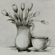 a drawing of a vase with flowers in it next to a cup and saucer