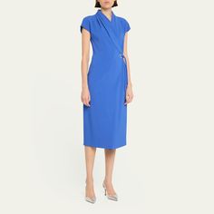 Giorgio Armani wrap midi dress features self-tie closure at the hip V-neckline Short sleeves Hem falls below the knee Sheath silhouette  Viscose/elastane Dry clean Made in Italy Elegant Fitted Belted V-neck Dress, Formal V-neck Belted Dress With Tie Waist, V-neck Belted Midi Dress For Office, Elegant V-neck Dress With Tie Waist For Party, Knee-length Wrap Dress For Office, V-neck Midi Dress With Tie Waist For Evening, Evening Midi Dress With Tie Waist And Surplice Neckline, Formal V-neck Dress With Tie Waist, Elegant Belted V-neck Dress With Short Sleeves