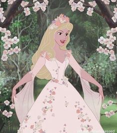 the princess in her pink dress is standing under an arch with white flowers on it