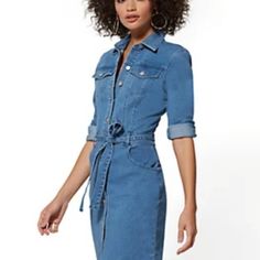 Nwt Denim Dress, With Belt, Great Reviews On Site, Sold Out Fitted Belted Denim Dress In Denim Blue, Fitted Denim Blue Belted Denim Dress, Fitted Blue Denim Belted Dress, Fitted Belted Denim Dress, Denim Blue Belted Denim Dress, Spring Denim Belted Dress, Belted Knee-length Denim Dress, Belted Medium Wash Denim Dress, Belted Denim Knee-length Dress