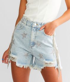 Blue B Ultra High Rise Rhinestone Fringe Short - Blue X-Small/Shortie 1-3, Women's Lightacidwash Ultra high rise Slim through the hip and thigh 3 shortie short Star print and frayed hem details. This quality denim is hand-finished for a unique look. It will wear like your favorite jeans, with each hole and tear continuing to destruct over time. You will love the comfort of this denim that has the look and feel of years of wear. . 85% Cotton 15% Polyester. Hand wash cold water separately. Do not Embellished Denim Shorts, Denim Cowgirl Outfit Bachelorette, Denim And Diamonds Bachelorette Outfit, Bling Western Outfit, Diy Rhinestone Shorts, Sparkle Cowgirl Outfit, Sparkly Western Outfit, Denim Rhinestone Outfit, Diamonds And Denim Party Outfits