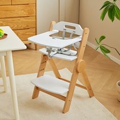 a small child's high chair next to a potted plant in a living room