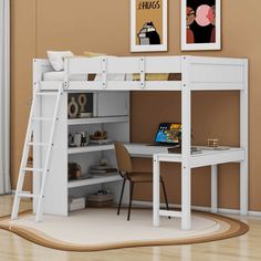 a white loft bed with desk underneath it