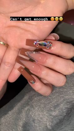 New Years Coffin Acrylic Nails, Fall Nail Inspo Acrylic Long, Brown Gem Nails, Fall Nails Long Acrylic, Acrylic Nail Designs Tapered Square, Brown Acrylic Nails With Rhinestones, Brown Bling Nails, Bougie Nails Acrylic, Nude Bling Acrylic Nails