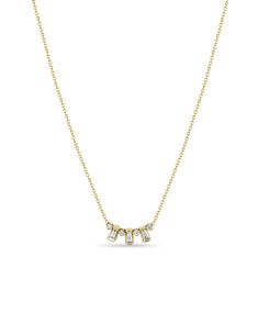 Indulge in refined sophistication with this elegant 14k gold necklace, featuring an alternating pattern of tapered baguettes and prong-set 1.7mm diamonds. Suspended from an adjustable 16-17-18 inch cable chain, the diamonds sparkle with every movement, creating a stunning play of light against the sleek gold setting. With a total diamond weight of .17 carats, this necklace combines modern glamour with timeless design, making it a versatile and luxurious addition to any jewelry collection. Springer’s Jewelers—New England’s trusted jeweler since 1870. Key Features: Metal: 14k gold Diamonds: Alternating tapered baguettes and prong-set 1.7mm round diamonds Diamond Weight: .17 carat total weight Chain: Adjustable 16-17-18 inch cable chain for customizable wear Style: Elegant and versatile desig Baguette Necklace, Zoe Chicco, Gold Diamond Necklace, 14k Gold Necklace, Style Elegant, Diamond Pattern, Cable Chain, Prong Setting, Baguette