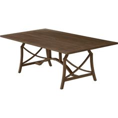 an outdoor dining table with a wooden top and metal cross legged legs, viewed from the front