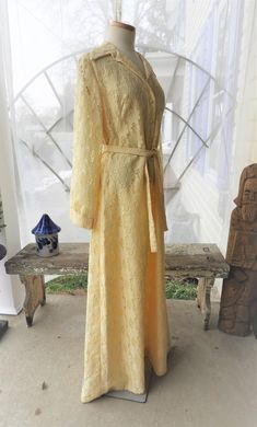 "Vtg 1960's Alencon Lace Yellow Maxi Dress, Vtg Yellow Retro Floor Length Lace Dress, Vtg Lee Jordan Alencon Lace Formal Dress sz L/XL I recently ran across this lovely vintage 1960's Lee Jordan full length dress. It is made from yellow alencon lace and is fully lined in a yellow nylon lining. It has the retro pointed collar and 4 rhinestone studded buttons running down the front of the dress. It is belted although you could remove the belt for a different look if you like (see pictures). This b Vintage V-neck Maxi Dress For Formal Occasions, Vintage Long Sleeve Maxi Dress For Party, Vintage Floor-length Dress For Vintage Events, Floor-length Vintage Dress For Vintage Events, Vintage V-neck Maxi Dress For Wedding, Floor-length Dresses For Vintage Events In Spring, Vintage Floor-length Maxi Dress For Vintage Events, Vintage V-neck Dresses For Vintage Events, Vintage V-neck Dress For Vintage Events