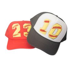 🥎 Softball fans! Sport yours or your loved ones' numbers in style with this custom softball hat🧢!  This custom trucker hat features chenille varsity number patches ironed on with industrial grade heat to ensure a secure bond.  The trucker hat is a high quality, mid profile, 5-panel hat with a built in sweat band.  The fit is perfect for men or women, yet it still fits women well & is not too big, bulky, and is not high sitting on the head.  This is a great gift for a softball lover, softball m Adjustable Six-panel Trucker Hat For Baseball Season, Red Hats For Baseball Season, Sports Baseball Cap With Six-panel Design, Collegiate Style Hats For Baseball Season, Collegiate Baseball Season Hats, Sports Fan Snapback Fitted Hat For Sports Events, Sporty Six-panel Trucker Hat For Fans, Sporty Six-panel Trucker Hat For Fan Gear, Sports Fan Cap For Football Season