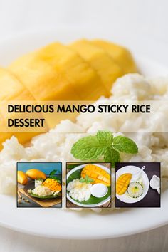 the delicious mango sticky rice dessert is served on a plate with pineapples and other fruit