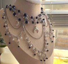 Triple Moon Goddess Coquette Choker Hecate, Hekate inspired layered bead and chain princess choker necklace. Hekate Outfit, Hecate Goddess Costume, Hecate Costume, Layered Chandelier, Princess Choker, Hekate Goddess, Hecate Goddess, Chandelier Necklace, Triple Moon Goddess