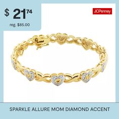 She's brightened your life numerous times; return the favor with this diamond-accent link bracelet that spells out "MOM" across the hearts.Dimensions: 8mm WideSome diamonds may consist of fewer than 17 facets.Jewelry photos are enlarged to show detail.Features: In A Gift Box, Mom JewelryCircumference: 7 1/4 InchJewelry Closure: Box ClaspShape: HeartMetal Color: Gold ToneChain Length: 7 1/4 InchCare: Wipe CleanStone Type: 1 Genuine DiamondBracelet Type: Tennis BraceletsMetal: 18k Gold Over Brass… Valentine's Day Jewelry Bracelet Gift For Mom, Valentine's Day Bracelet Jewelry Gift For Mom, Valentine's Day Gift Bracelet For Mom, Elegant Heart-shaped Bracelet For Mom, Elegant Mother's Day Bracelet With Engraving, Gold Heart Bracelet With Diamond Accents For Gift, Diamond Accented Jewelry For Anniversary On Mother's Day, Mother's Day Cubic Zirconia Bracelets, Mother's Day Bracelet Jewelry For Anniversary Gift