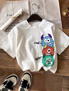 Young Boy Casual Simple Cartoon Fun Pattern Short-Sleeved Round Neck T-Shirt Suitable For Summer White Casual  Short Sleeve Knitted Fabric Animal,Cartoon,Letter,Slogan  Slight Stretch  Young Boys Clothing, size features are:Bust: ,Length: ,Sleeve Length: Cloth Painting, Cartoon Fun, Simple Cartoon, White Crew Neck, Animal Cartoon, Fabric Animals, Girls Prints, Boys Top, Cool Cartoons