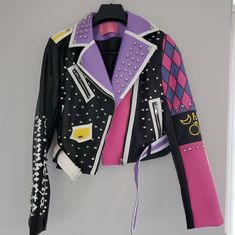 A Nwot Azalea Wang Black Pleather Jacket With Silver Studs, Yellow And Purple And Pink Accents. Studs And Spikes, Pleather Jacket, Azalea Wang, Purple Outfits, Vegan Leather Jacket, Punk Outfits, Drawing Clothes, Leather Moto Jacket, Character Outfits