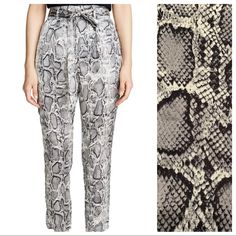 Lightweight Jogger Pants In Fun Snake Print. Hook Closure At Waist With Zipper Fly. Elastic At Back Of Waist, Two Back Pockets, Belt Loops (No Belt). 12.5” Waist, 13” Rise, 27” Inseam, 39” Long. Silver Casual Bottoms For Fall, Casual Silver Bottoms For Fall, Trendy Silver Pants For Spring, Silver Pants For Summer Night Out, Silver Pants For Night Out In Summer, Silver Fitted Pants For Summer, High Waist Silver Pants For Fall, Silver High Waist Bottoms For Fall, Silver High-waist Bottoms For Fall