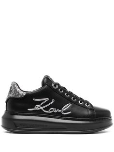 black calf leather flat rubber sole silver-tone logo lettering rhinestone embellishment front lace-up fastening logo patch to the rear logo at the sole branded insole Glitter Sneakers, Karl Lagerfeld Paris, Leather Flats, Sneakers Black, Karl Lagerfeld, Womens Shoes Sneakers, Patch Logo, Calf Leather, Rubber Sole