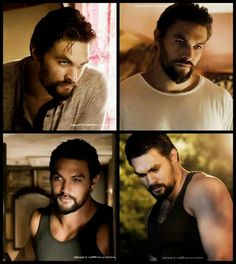 four different pictures of a man with dark hair and beards, wearing tank tops