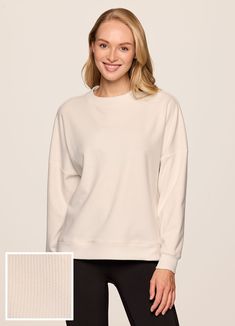 Cream Soft Texture Crew Neck Sweatshirt, Comfortable Crew Neck Sweater With Soft Texture, Cozy Crew Neck Sweatshirt With Soft Texture, Crew Neck Top For Fall Relaxation, Crew Neck Sweatshirt With Ribbed Cuffs For Relaxation, Comfy Crew Neck Sweatshirt For Relaxation, Versatile Crew Neck Tops With Ribbed Cuffs, Fall Crew Neck Top For Relaxation, Relaxation Crew Neck Sweatshirt With Ribbed Cuffs