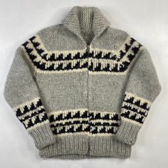 Vintage Hand Knit 100% Wool Cowichan Siwash Sweater Approx Sz: Small (No tag, please see measurements) Condition: Overall excellent pre-owned condition. Zips up and down perfectly. Very thick, heavy weight knit. Smoke free home. Pet friendly home. Approx Measurements Pit to Pit 18"  Collar to Bottom 24"  Pit to end of Sleeve 17" Cozy Knit Gray Outerwear, Vintage Knitted Winter Outerwear, Winter Fair Isle Pattern Outerwear For Cold Weather, Fair Isle Pattern Outerwear For Winter, Nordic Style Knitted Long Sleeve Outerwear, Classic Fall Outerwear With Fair Isle Pattern, Cozy Winter Outerwear With Fair Isle Pattern, Cozy Fair Isle Pattern Outerwear For Winter, Classic Fair Isle Pattern Outerwear For Fall