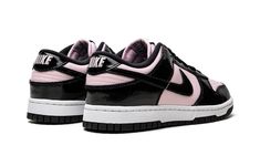 The Women’s Nike Dunk Low “Pink/Black Patent” is a women’s-exclusive colorway of the vintage basketball shoe with a patent leather design.  The “Pink/Black Patent” version of the Dunk Low updates the popular sneaker in women’s sizing with glossy black patent leather overlays against a Pink Foam-colored leather base.  Specifically, the toe, forefoot, eyelets, quarter panel and Swoosh are all designed in black patent leather.  A white midsole and black rubber outsole complete the look.  Release da Pink And Black Sneakers, Pink Foam Black Dunks Outfit, Pink Foam Black Dunks, Nike Dunk Low Pink Foam, Dunk Low Pink Foam, Black And Pink Shoes, Nike Noir, Black Patent Shoes, Fly Shoes