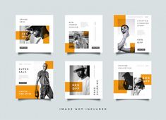 a set of four square brochures with orange accents