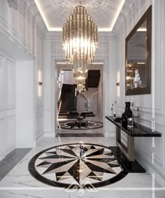 an elegant foyer with chandelier and marble flooring is featured in this image