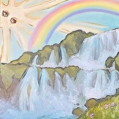 a painting of a waterfall with a rainbow in the background