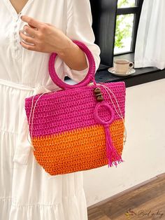 BirdinBag - Medium Vacation Straw Bag with Two-Tone Tassel Decor Trendy Rectangular Straw Bag With Tassels, Summer Rectangular Bags With Tassels, Tasseled Straw Shoulder Bag, Trendy Rectangular Crochet Bag With Tassels, Trendy Beach Bags With Tassels, Summer Tassel Bags For Daily Use, Pink Top Handle Straw Bag For Beach, Trendy Travel Bags With Tassels, Trendy Summer Bags With Tassels