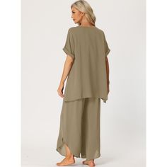 Loose style, can be loungewear and outfits wear, solid color and casual short sleeve shirts and wide-leg pants. Basic but fashionable, and ensuring comfort for all-day wear. These short-sleeved shirt sets feature a round neck and slip wide leg pants, loose fit, adding functionality and style. These pants are high-slip, adding a flowy and fresh feel. Practical loungewear for everyday wear in spring, summer, or fall. With a unique side slip at the pants, a poll on t-shirt style, and good clothes c Loungewear Sets, Khaki Green, Womens Clothing Sizes, Pull On Pants, Basic Outfits, Outfit Set, Wide Leg Pants, Casual Shorts, Fitness Fashion