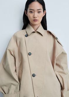 Short double-breasted trench coat - Woman | MANGO USA Oversized Outerwear With Roll-up Sleeves For Work, Short Trench Coat Women, Style Oversize, Short Trench Coat, Short Design, Double Breasted Trench Coat, Knit Jumpsuit, Summer Jacket, Print Swimsuit