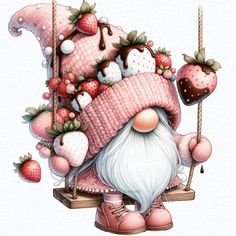 a painting of a gnome on a swing with strawberries and chocolate covered strawberrys