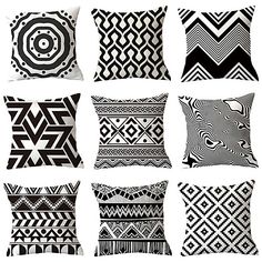 black and white pillows with geometric designs on them