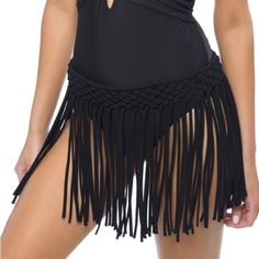 Product Description: Add Flair To Your Pre- And Post-Swim Ensemble With This Breezy Fringed Skirt Cover-Up. 86% Nylon / 14% Spandex Machine Wash; Hang Dry Imported Fitted Sarong For Party Beachwear, Stretch Beachwear Swim Skirt For Party, Black Swim Skirt For Summer Beach Season, Black Summer Swim Skirt For Beach Season, Black Summer Swim Skirt For Beach, Black Poolside Skirt For Summer, Black Skirt For Poolside Summer, Black Swim Skirt For Pool And Beach Season, Party Swimwear With Tassels For Beach Season