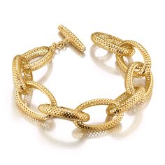 This large 18k yellow gold oval link bracelet features our signature grid pattern crownwork® so its light on the wrist but heavy on style. The clasp is a stylish and secure toggle with diamonds studded at each end for that extra touch of luxury. A classic piece to be worn everyday. MATERIAL: 18k Yellow Gold DIMENSIONS: 8.5" Luxury Gold Bracelet With Oval Link, Luxury Gold Oval Link Bracelet, Luxury Oval Link Bracelets, Elegant Jewelry With Toggle Clasp And Oval Link, Elegant Oval Link Chain Bracelet, Elegant Gold Bracelet With Toggle Clasp, Formal Oval Jubilee Chain Bracelet, Classic Gold Bracelet With Toggle Clasp, Luxury Round Chain Bracelet With Spring Ring Clasp