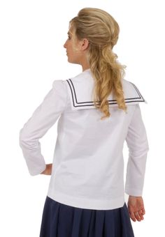 You will find such pleasure in this sailor blouse styled from the Edwardian Era. Traditional overblouse has sailor collar trimmed in middy braid. Classic blouse has long narrow sleeves. Both sleeves and blouse have wide hem. 100% cotton. Rayon trim. Machine or hand wash on gentle cycle in cold water; Tumble dry on low setting or hang to dry.The model is wearing a twill skirt and carrying a parasol - both priced separately. Designed and made proudly by Recollections in America! The following are Cotton Sailor Style Top, White Sailor Style Long Sleeve Tops, Marine Style Long Sleeve Cotton Tops, White Marine Style Long Sleeve Top, Classic White Sailor Collar Top, Classic White Tops With Sailor Collar, Classic White Top With Sailor Collar, White Sailor Collar Top For Work, White Sailor Collar Tops For Workwear