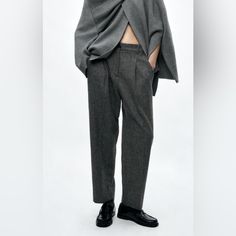 Zara Collection Flannel Pants. Retail $109.00. Size S. Color Grey Marl. Pants With A Mid Waist Made Of Wool Blend Fabric. Belt Loops At Waist And Back Elastic. Side Pockets And Back Flap Pockets. Front Pleat Detail. Front Zip, Button, And Metal Hook Closure. 40% Wool 32% Polyester 14% Viscose 13% Polyamide 1% Elastane Spring Wool Pants With Tapered Leg, Spring Wool Tapered Leg Pants, Spring Wool Straight Pants, Winter Workwear Tapered Leg Dress Pants, Chic Wool Straight Leg Bottoms, Winter High-waisted Pants With Welt Pockets, Winter Workwear Ankle-length Dress Pants, High-waisted Pants With Welt Pockets For Winter, Chic Relaxed Fit Wide Leg Pants For Winter